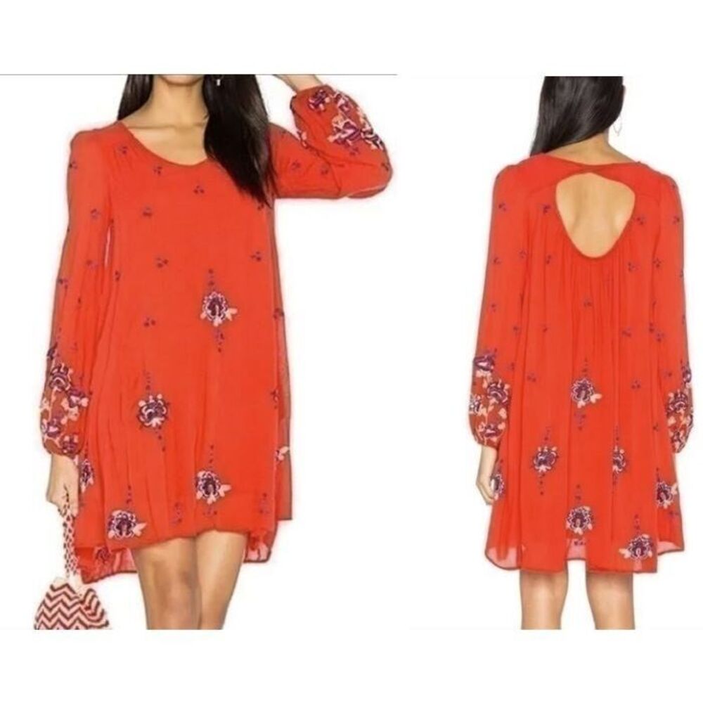 Free People Women’s Red Oxford Shift Dress Floral Embroidered Boho Size Large